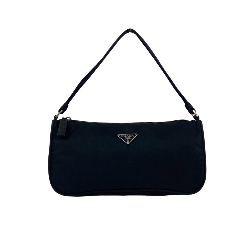 PRADA Triangle Logo Plate Hardware Tessuto Pocono Nylon Mini Handbag Pouch Bl...